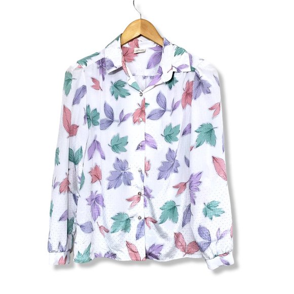 Vintage 80's Pykettes White Leaf Print Button up Blouse Size Medium* - Picture 1 of 6